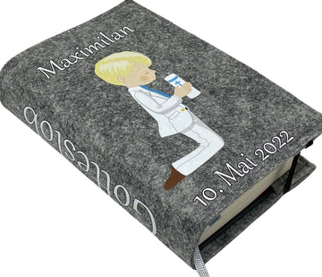 Gotteslobhülle mit Namen aus Filz Kerzenjunge Junge Blond Gesangbuch einband Kommunion gotteslob hülle Fadensalat-shop