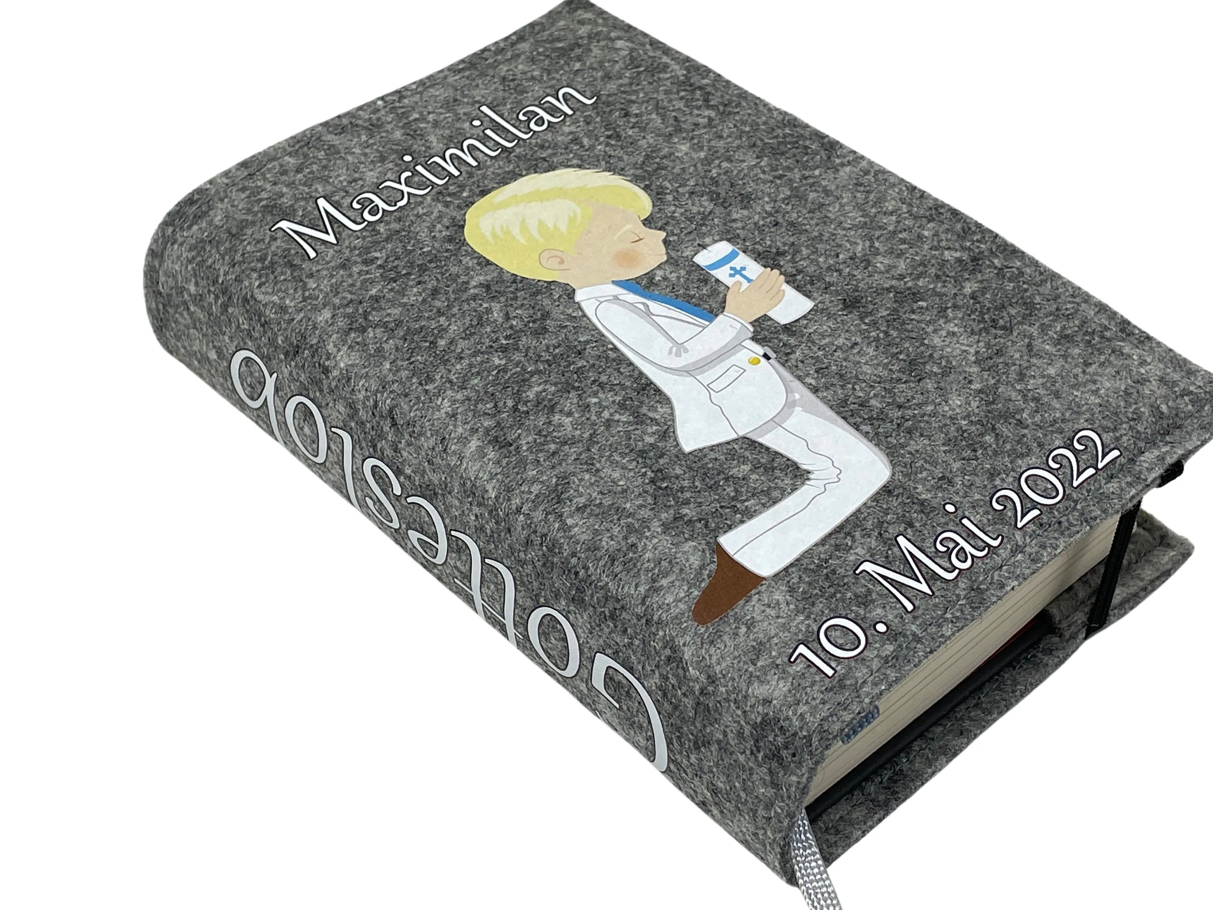 Gotteslobhülle mit Namen aus Filz Kerzenjunge Junge Blond Gesangbuch einband Kommunion gotteslob hülle Fadensalat-shop