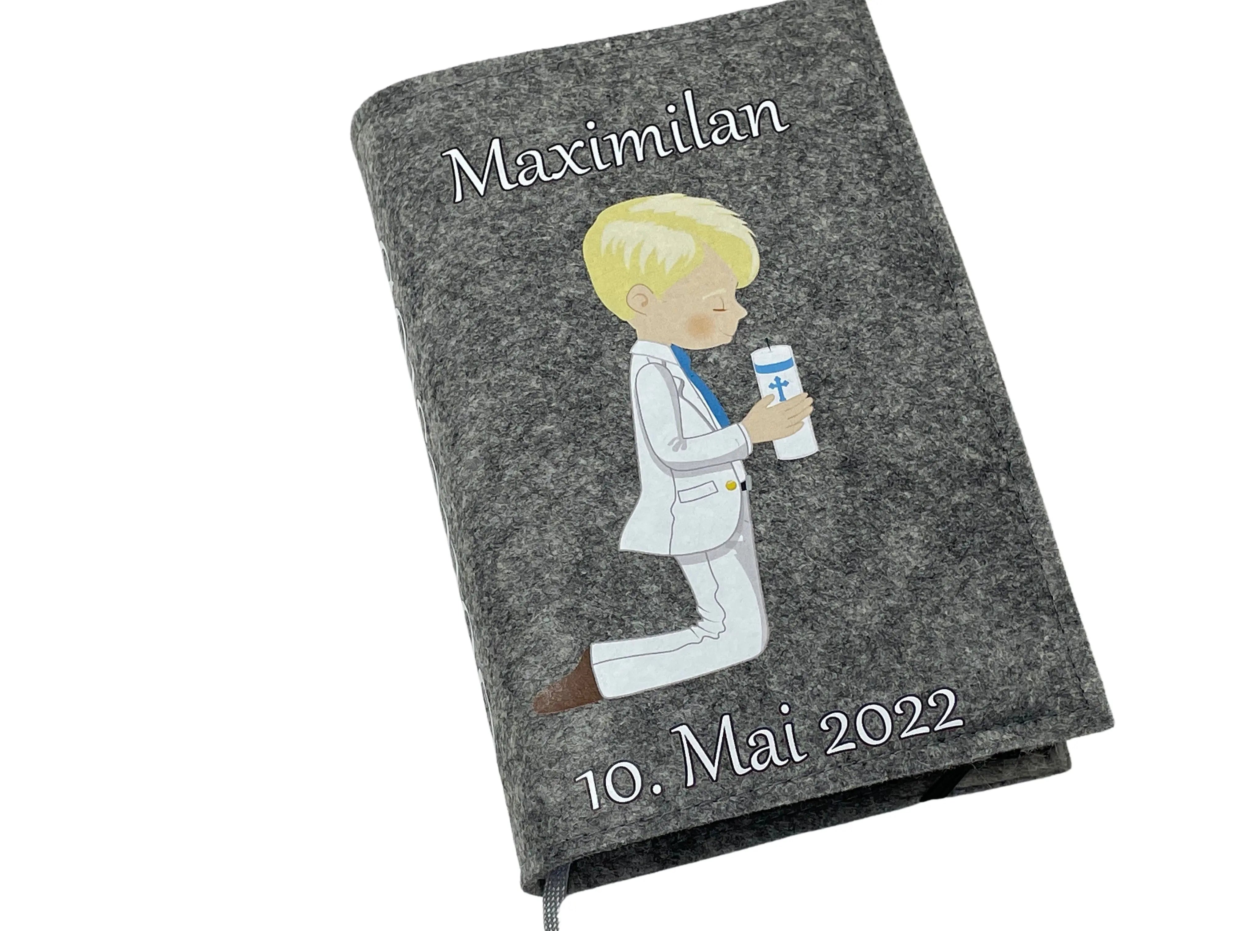 Gotteslobhülle mit Namen aus Filz Kerzenjunge Junge Blond Gesangbuch einband Kommunion gotteslob hülle Fadensalat-shop