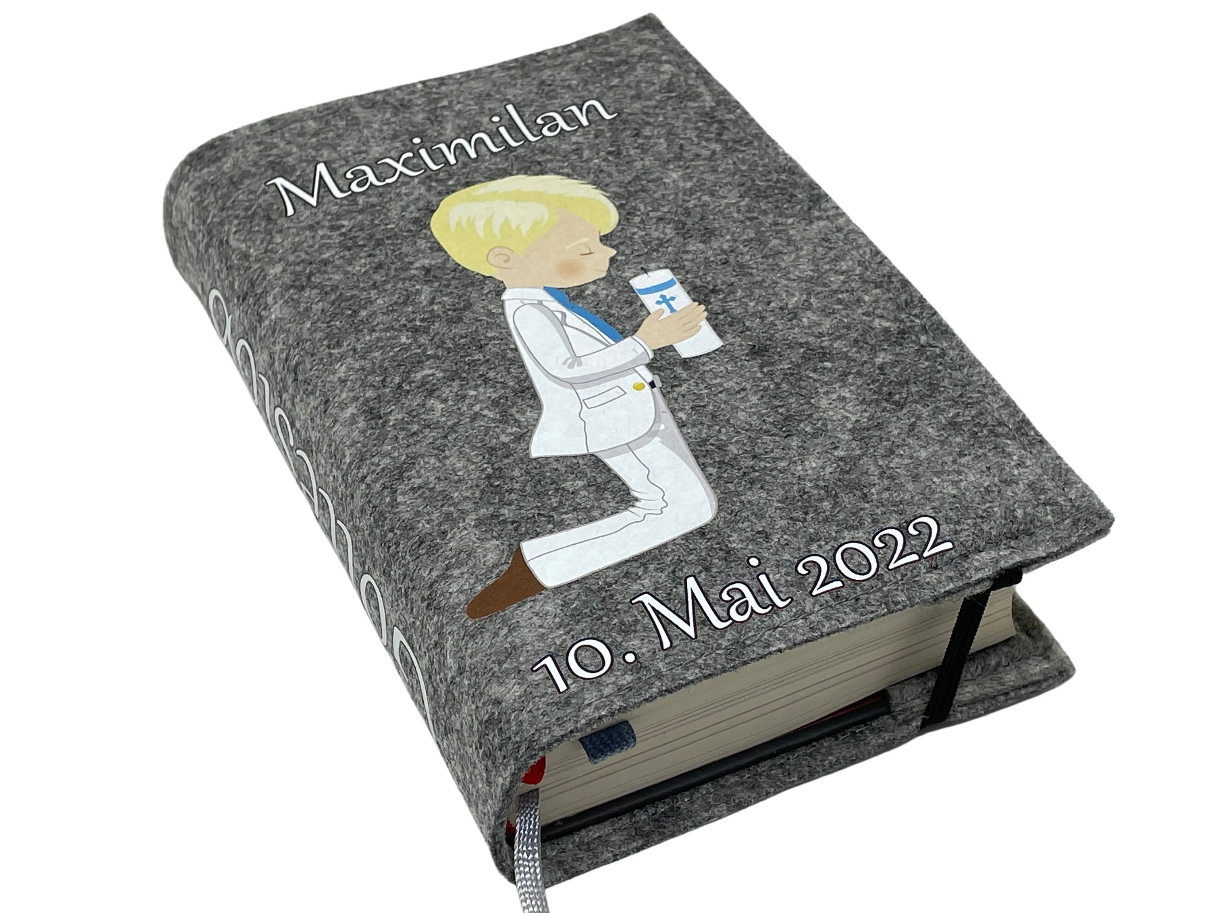 Gotteslobhülle mit Namen aus Filz Kerzenjunge Junge Blond Gesangbuch einband Kommunion gotteslob hülle Fadensalat-shop