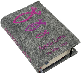 Gotteslobhülle mit Namen aus Filz einband Fische Pink Gesangbuch einband Kommunion gotteslob hülle Fadensalat-shop