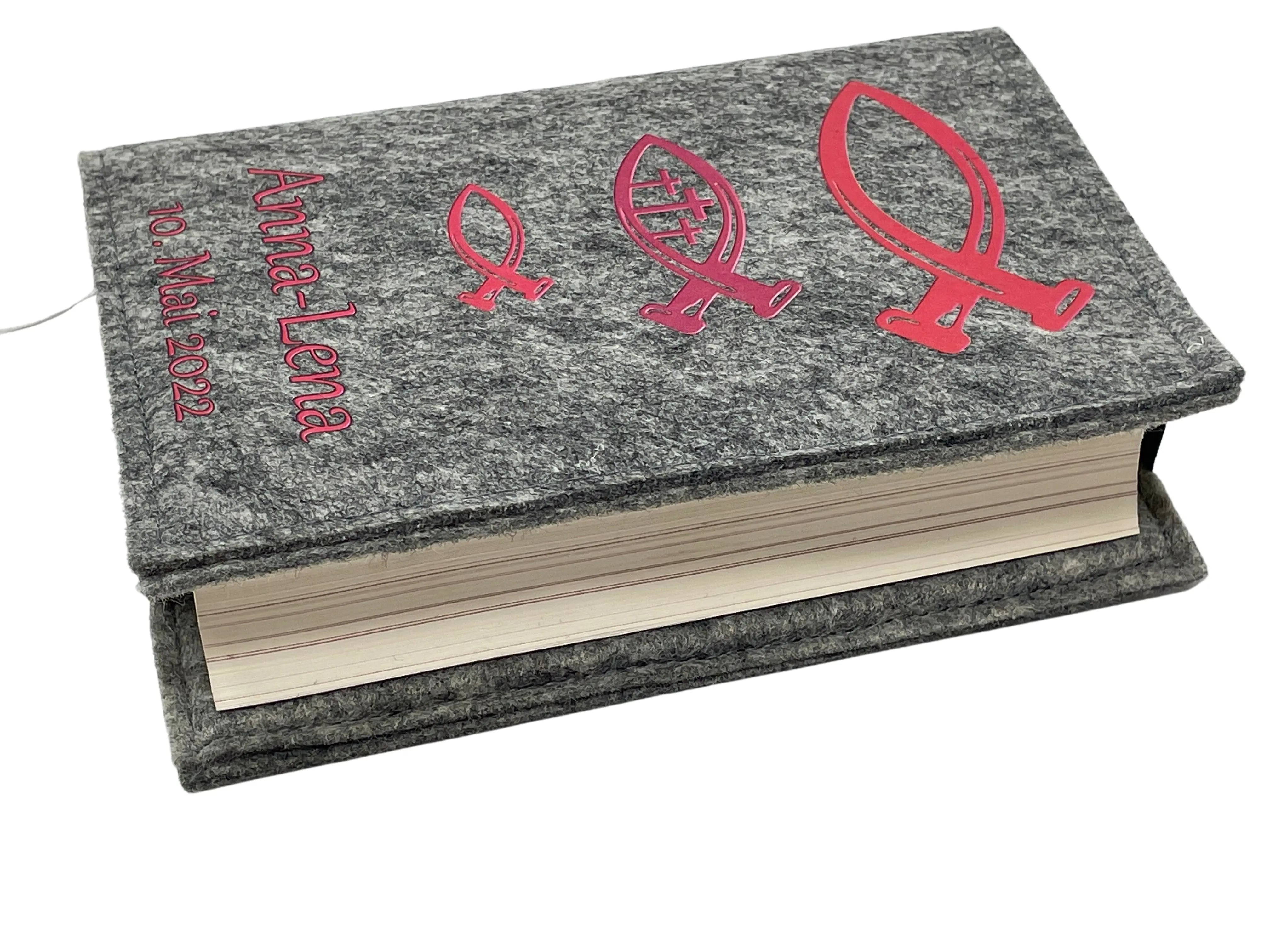 Gotteslobhülle mit Namen aus Filz einband Fische Rot Gesangbuch einband Kommunion gotteslob hülle Fadensalat-shop