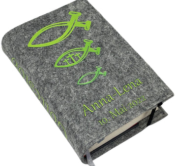 Gotteslobhülle mit Namen aus Filz einband Fische grün Gesangbuch einband Kommunion gotteslob hülle Fadensalat-shop