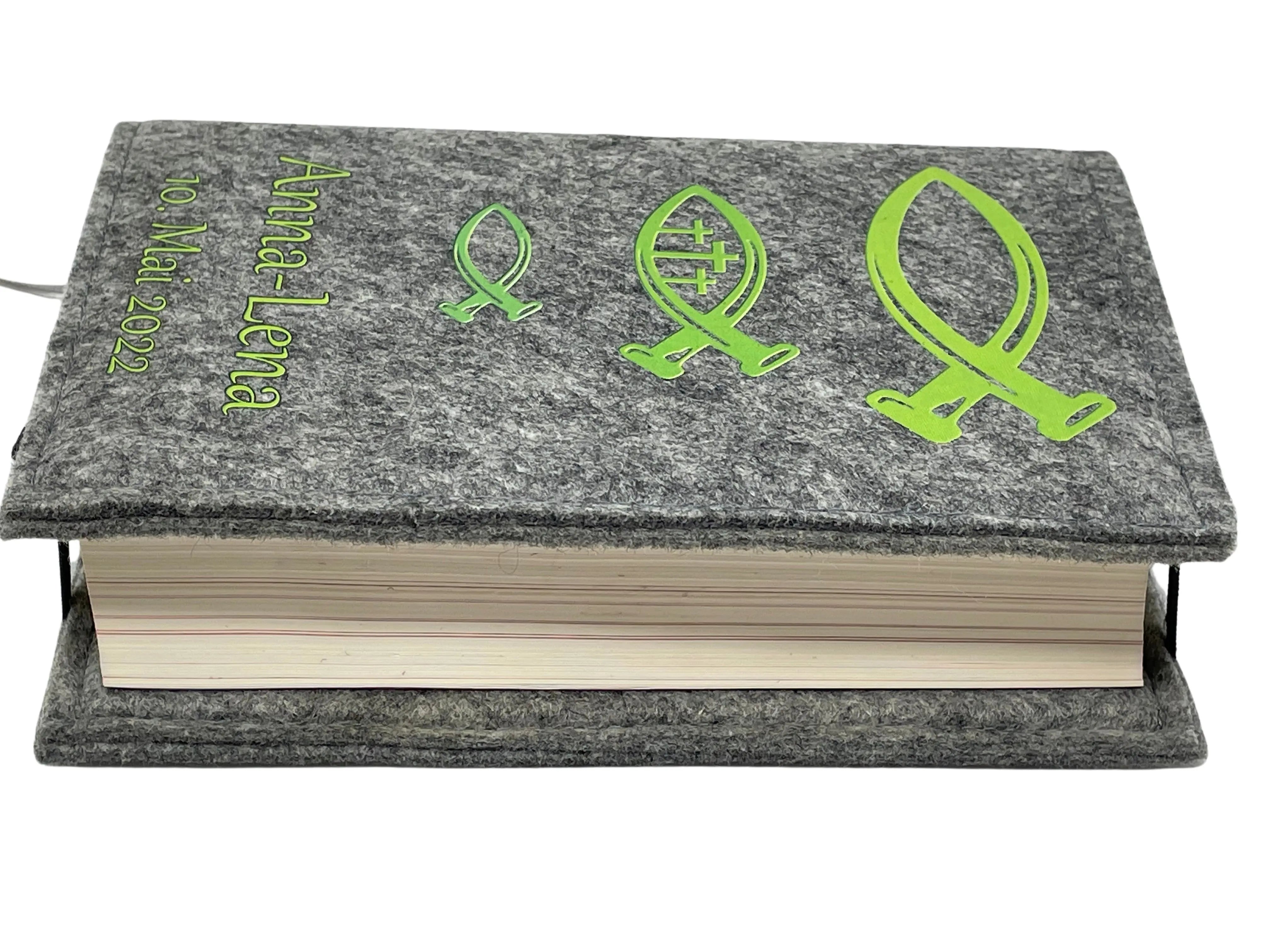Gotteslobhülle mit Namen aus Filz einband Fische grün Gesangbuch einband Kommunion gotteslob hülle Fadensalat-shop