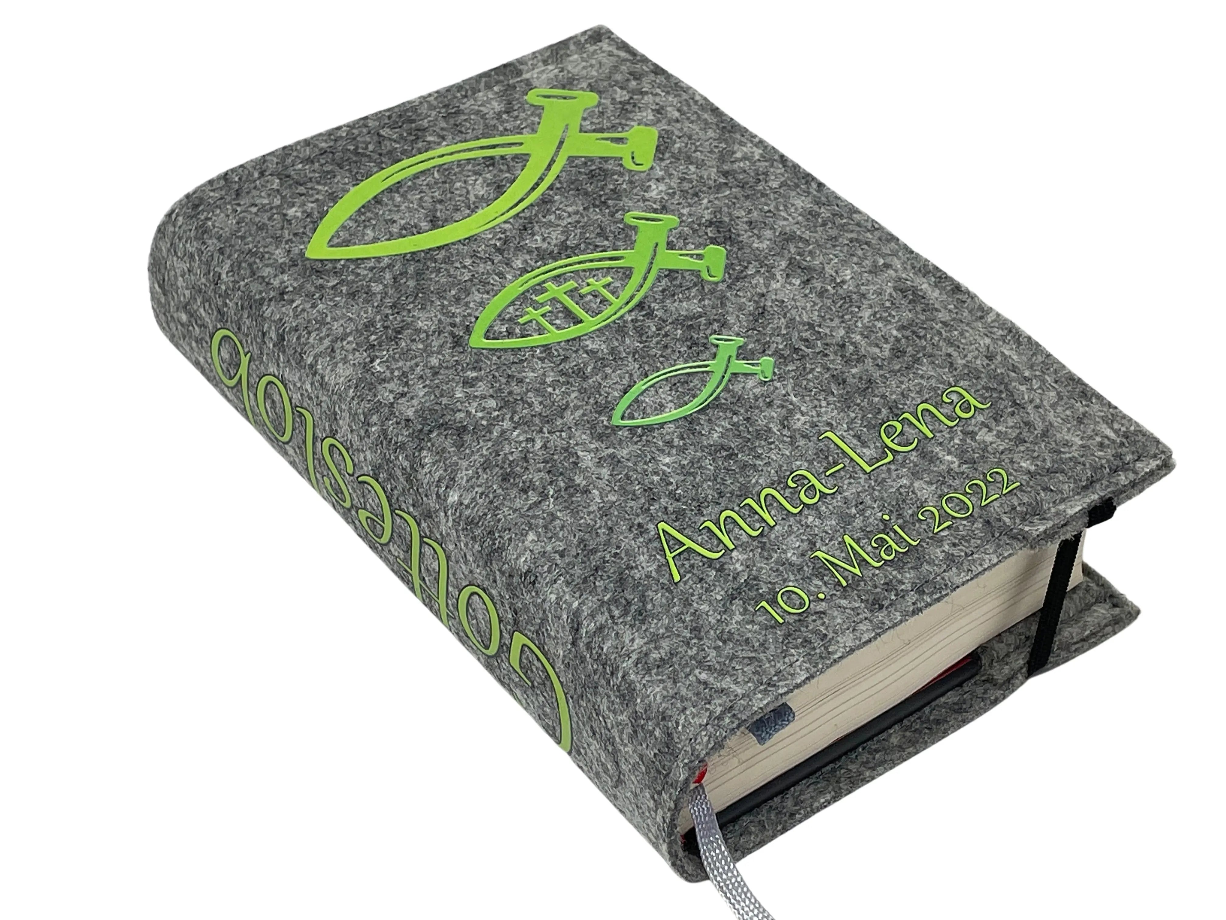 Gotteslobhülle mit Namen aus Filz einband Fische grün Gesangbuch einband Kommunion gotteslob hülle Fadensalat-shop