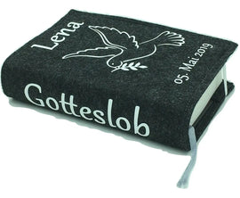 Gotteslobhülle mit Namen aus Taube weiß Gesangbuch einband Kommunion Fadensalat-shop