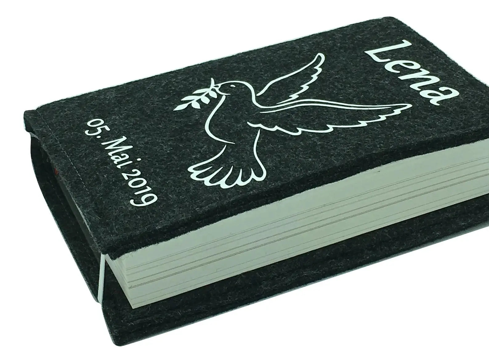 Gotteslobhülle mit Namen aus Taube weiß Gesangbuch einband Kommunion Fadensalat-shop