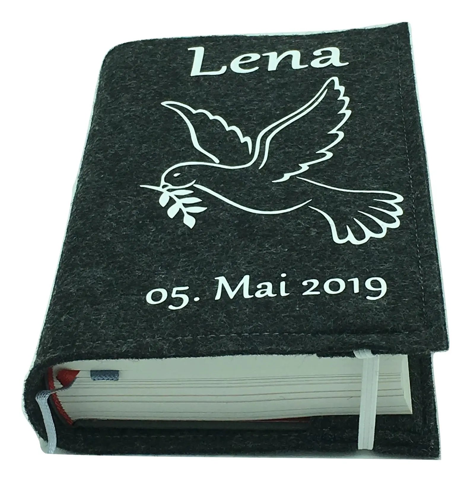 Gotteslobhülle mit Namen aus Taube weiß Gesangbuch einband Kommunion Fadensalat-shop