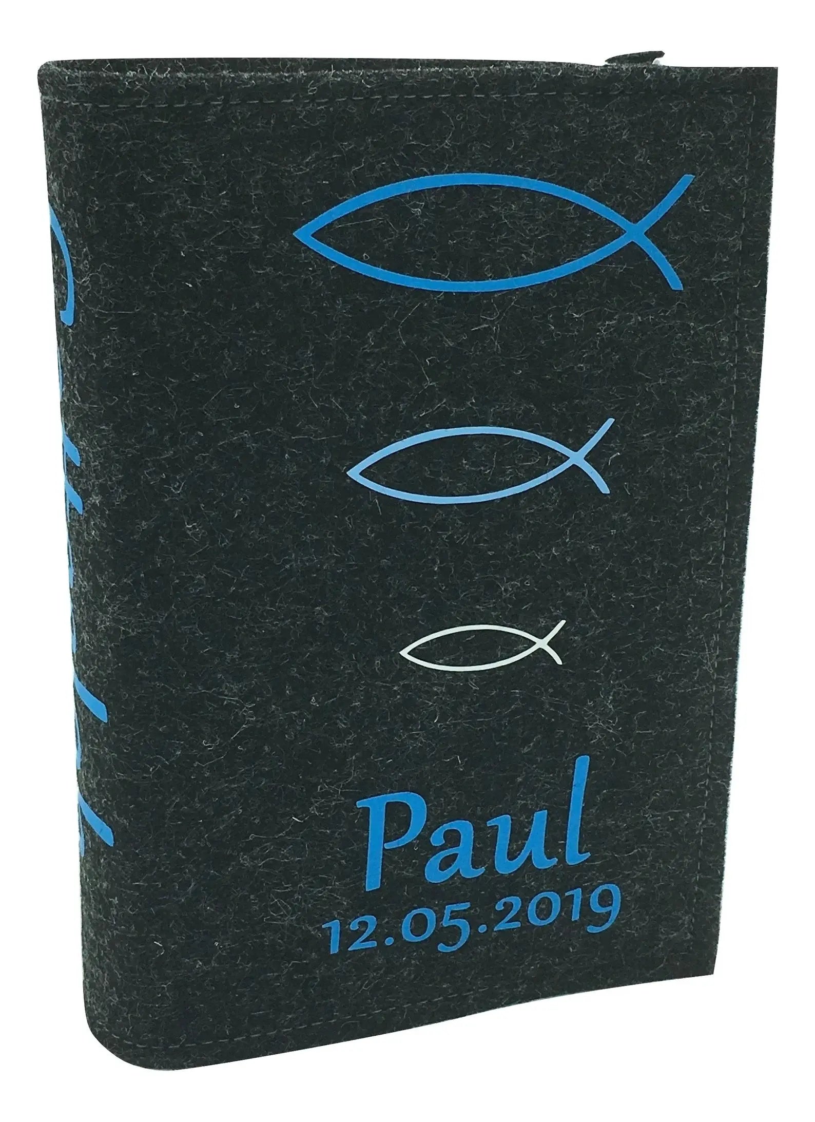 Gotteslobhülle mit Namen aus filz Fisch Blautöne Fadensalat-shop
