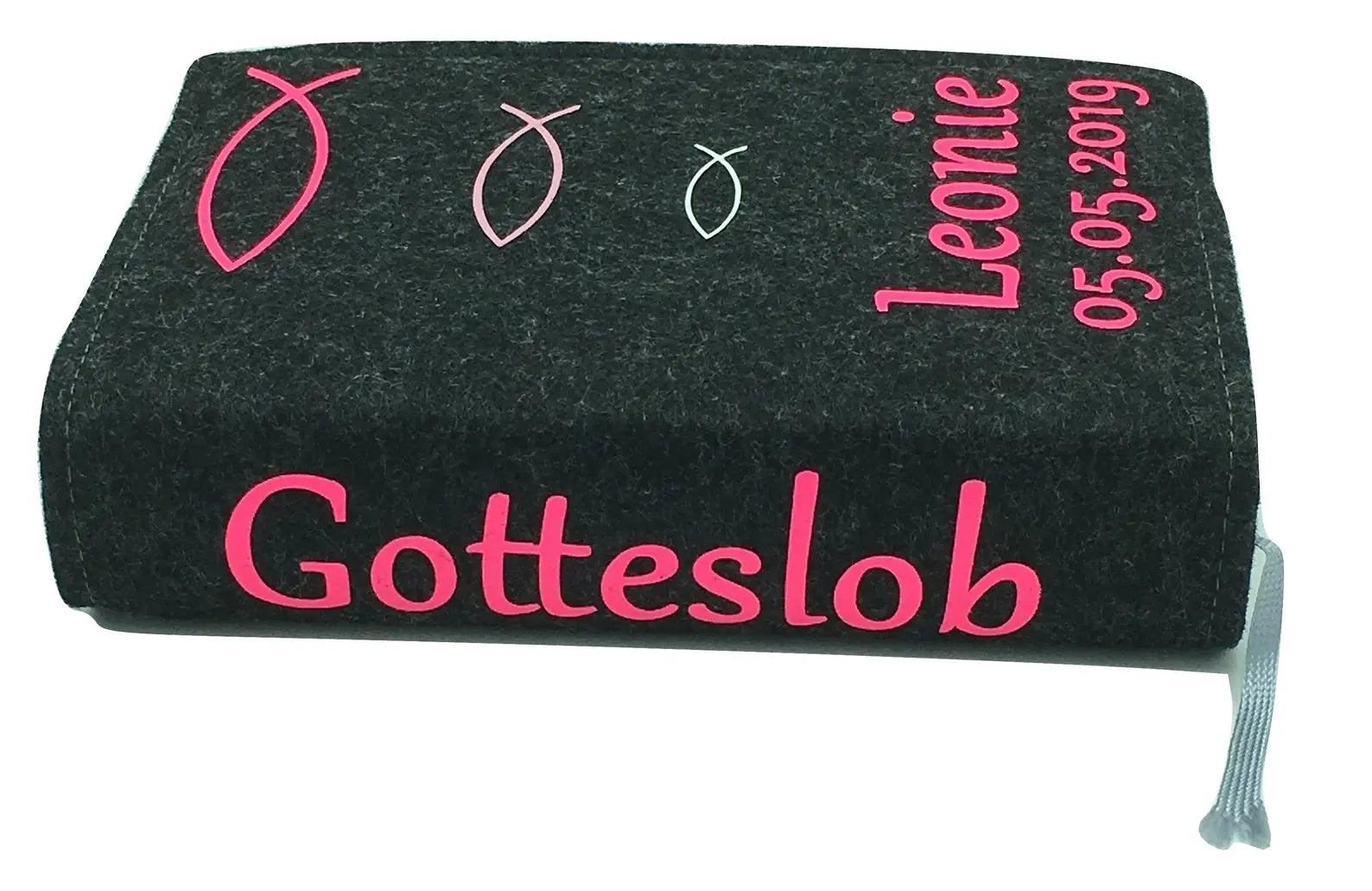 Gotteslobhülle mit Namen aus filz Fische Pink rosa Fadensalat-shop