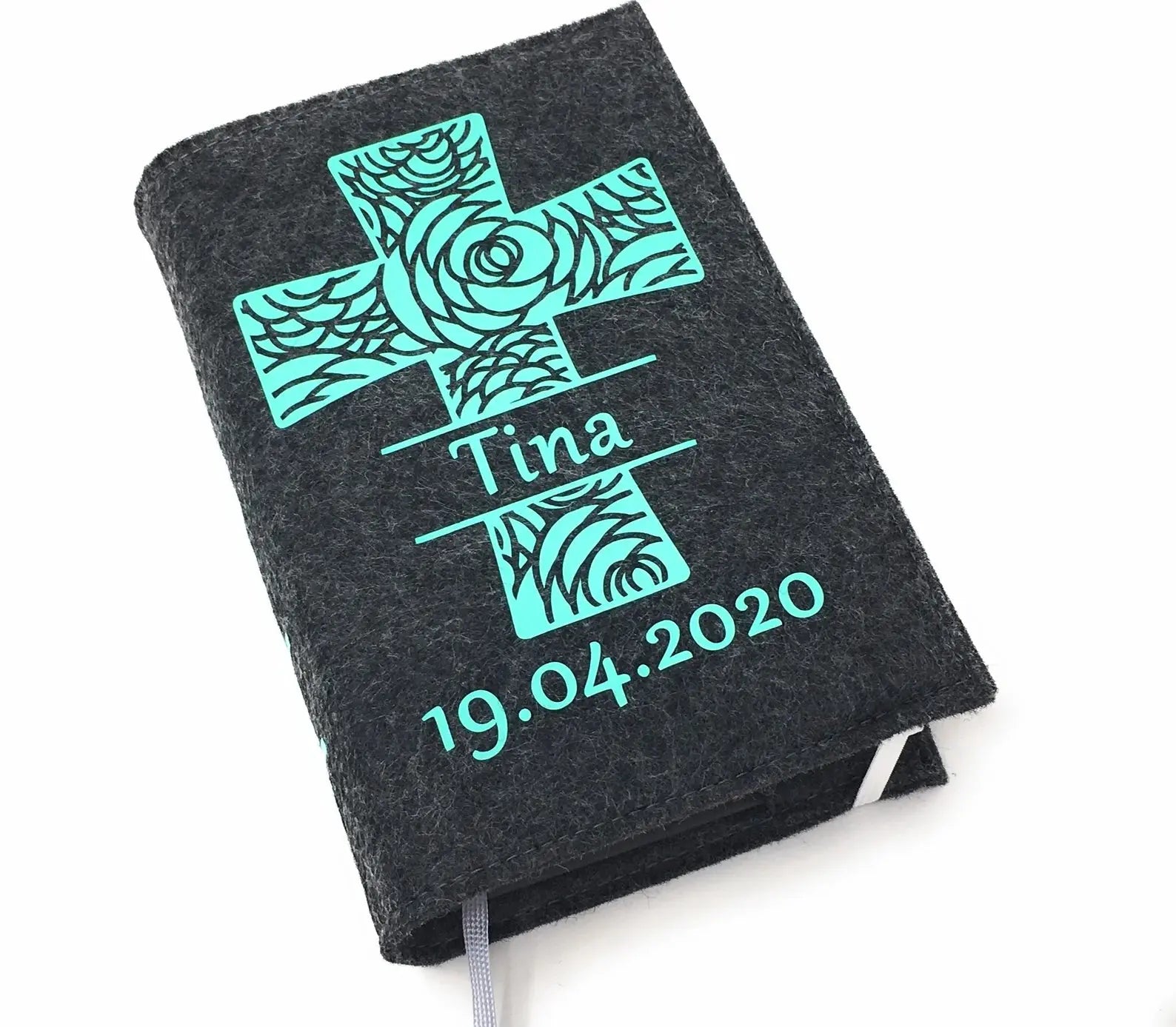 Gotteslobhülle mit Namen aus filz Kreuz Mint Gesangbuch Hülle Kommunion Fadensalat-shop