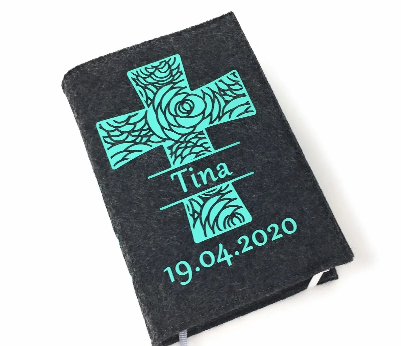 Gotteslobhülle mit Namen aus filz Kreuz Mint Gesangbuch Hülle Kommunion Fadensalat-shop