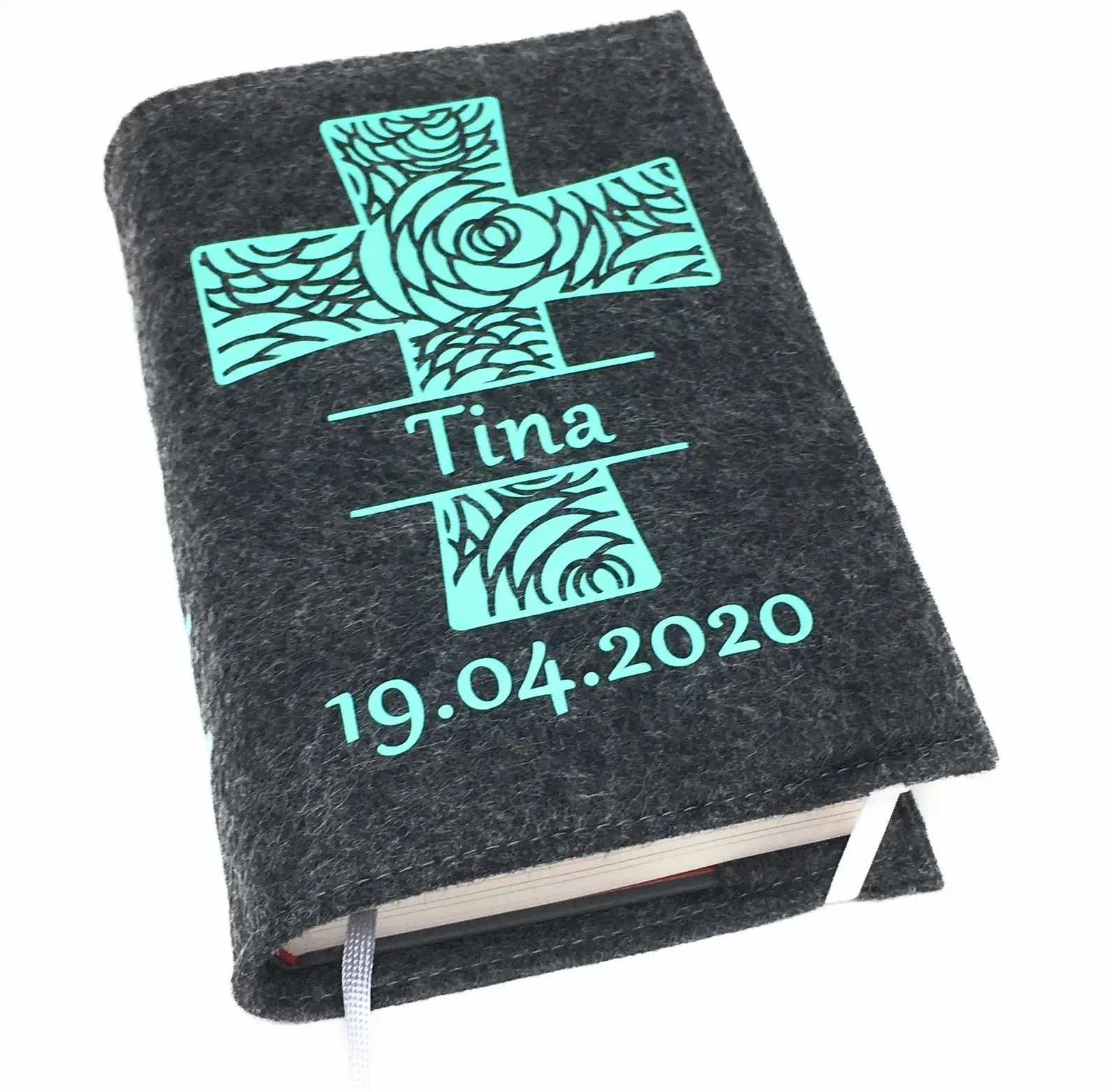Gotteslobhülle mit Namen aus filz Kreuz Mint Gesangbuch Hülle Kommunion Fadensalat-shop