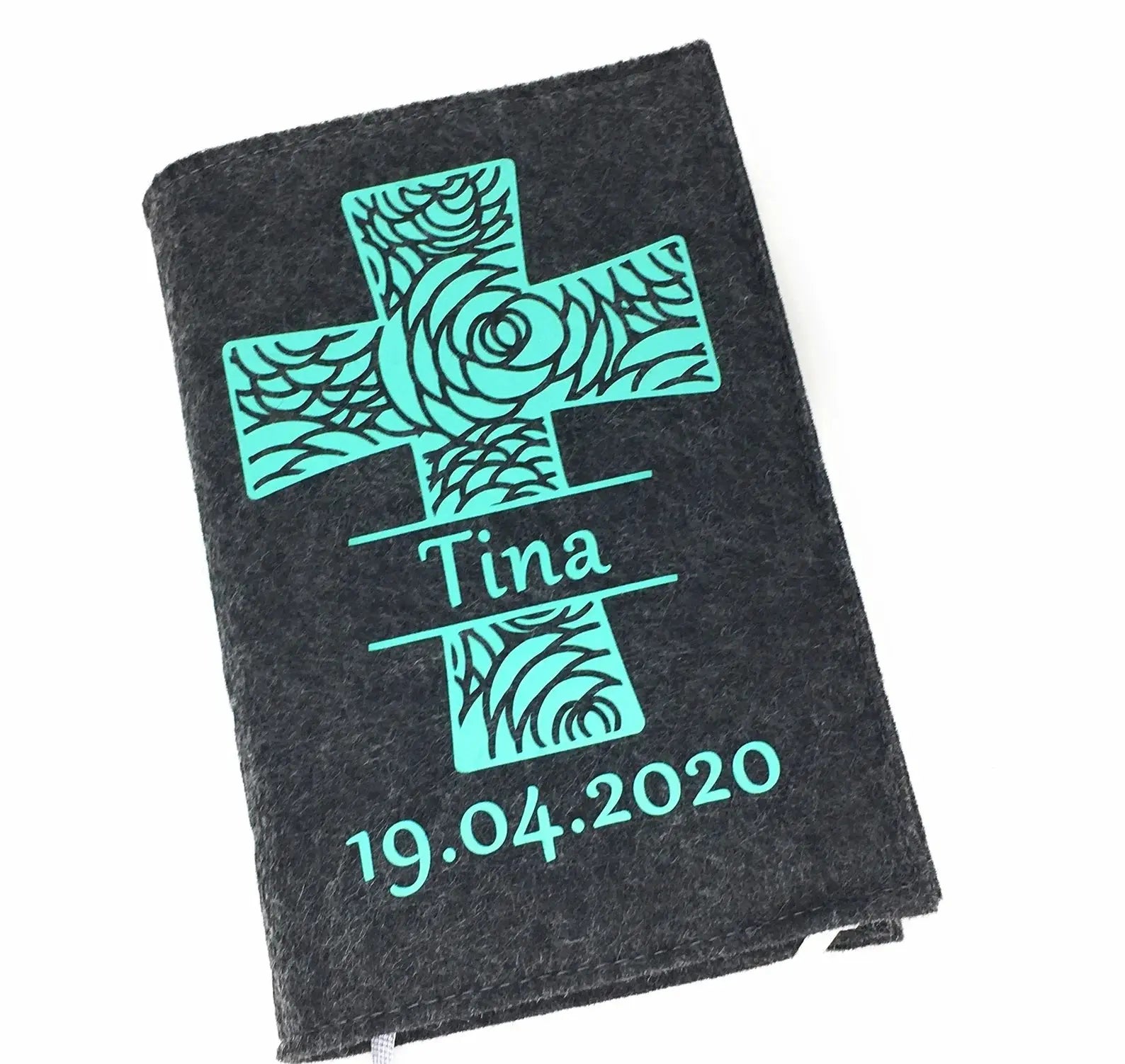 Gotteslobhülle mit Namen aus filz Kreuz Mint Gesangbuch Hülle Kommunion Fadensalat-shop