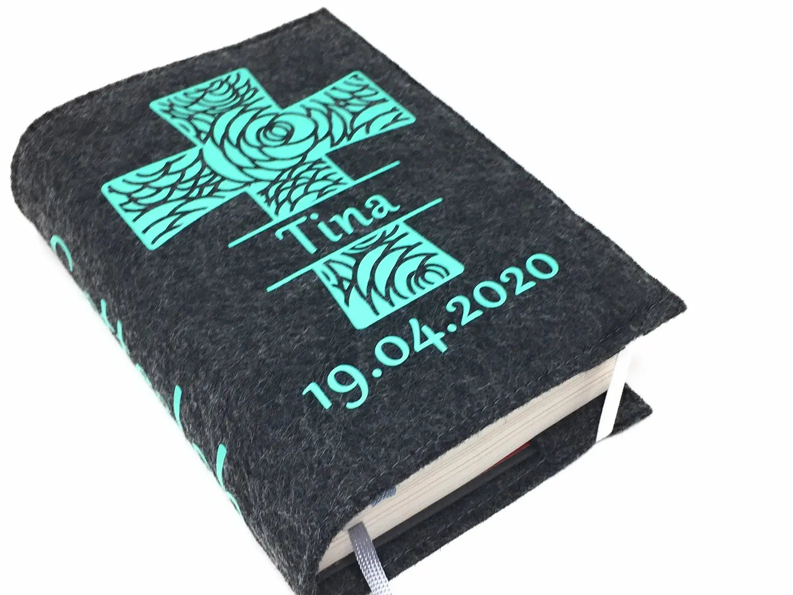 Gotteslobhülle mit Namen aus filz Kreuz Mint Gesangbuch Hülle Kommunion Fadensalat-shop