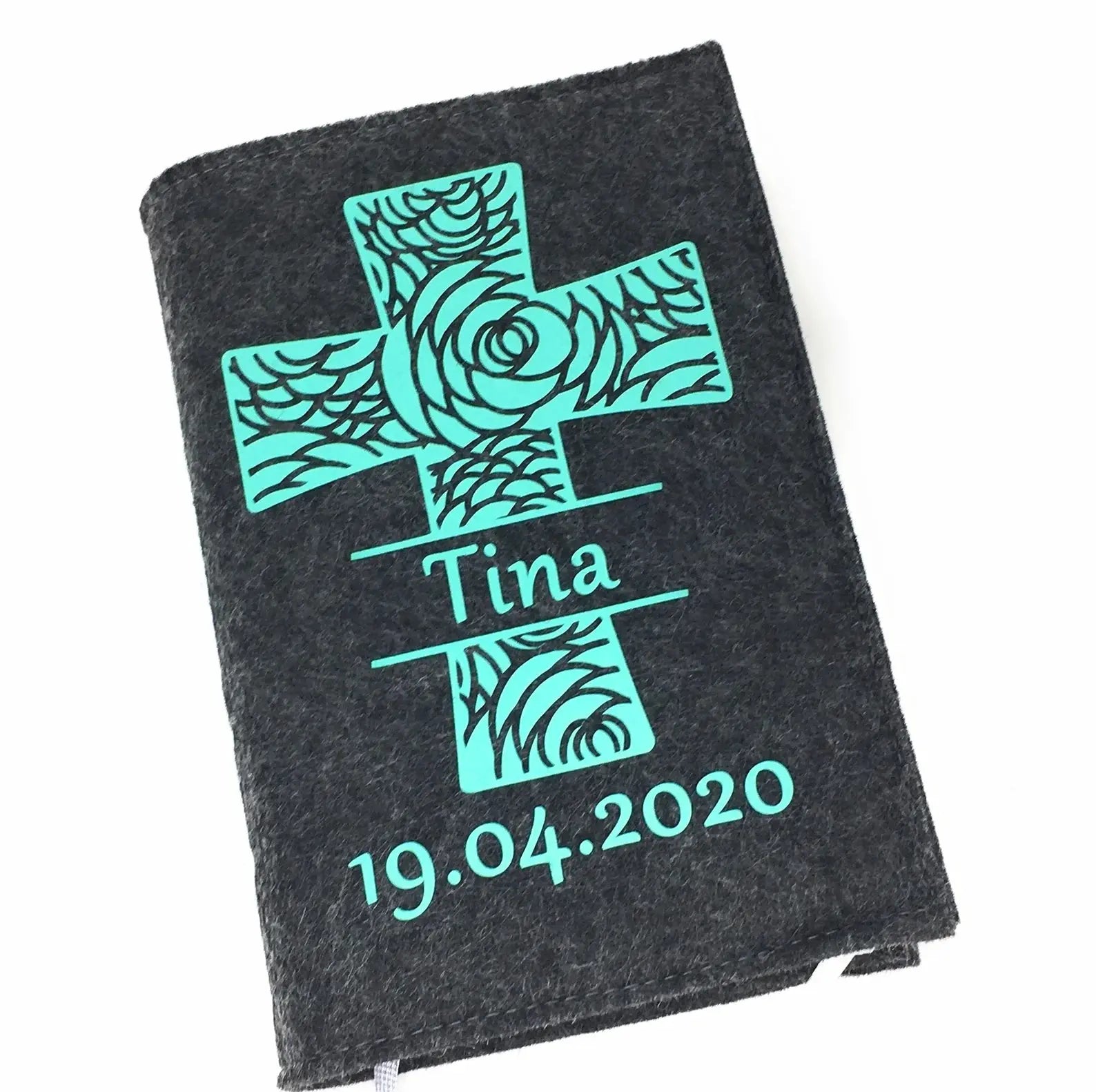 Gotteslobhülle mit Namen aus filz Kreuz Mint Gesangbuch Hülle Kommunion Fadensalat-shop