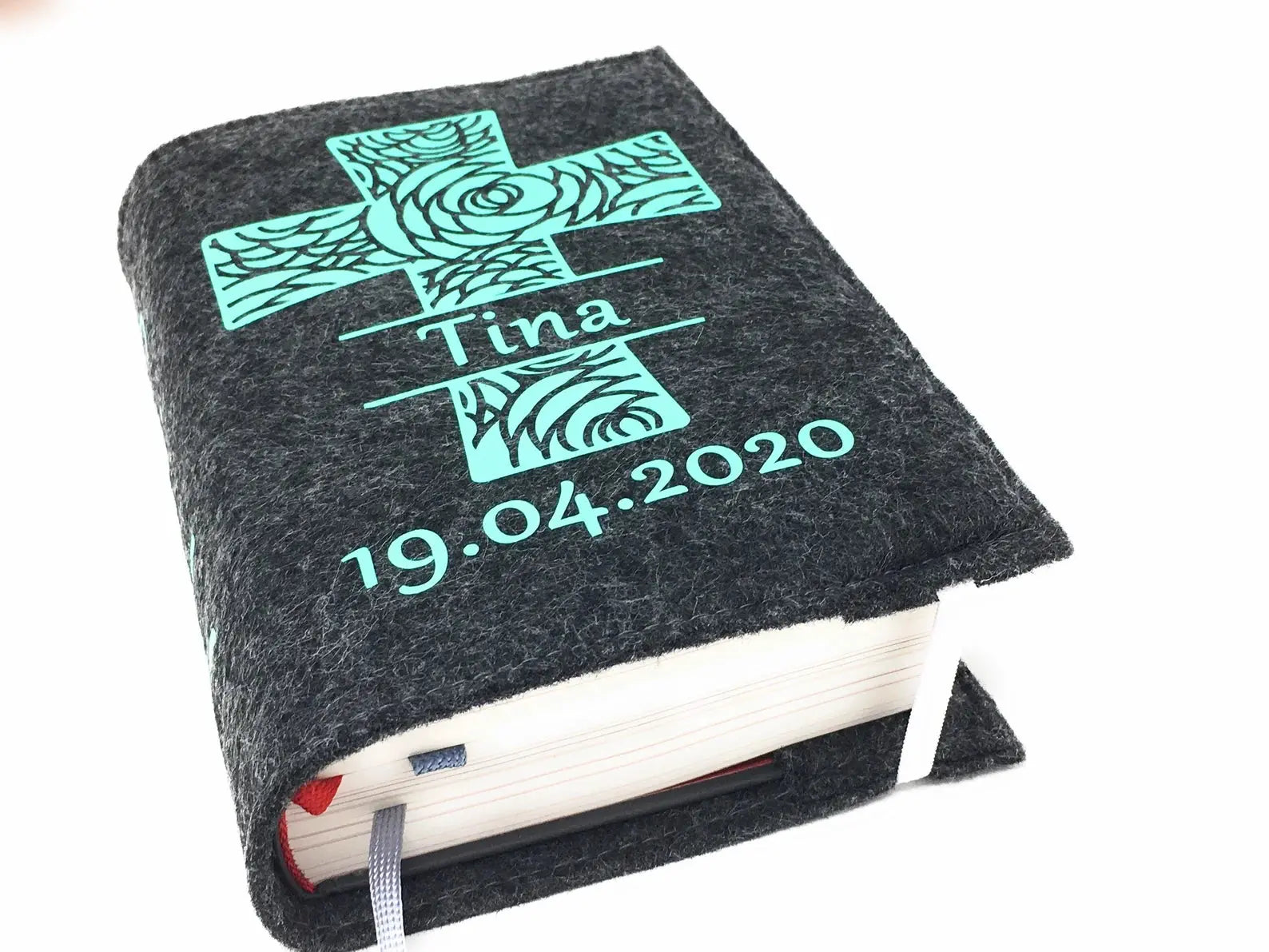 Gotteslobhülle mit Namen aus filz Kreuz Mint Gesangbuch Hülle Kommunion Fadensalat-shop