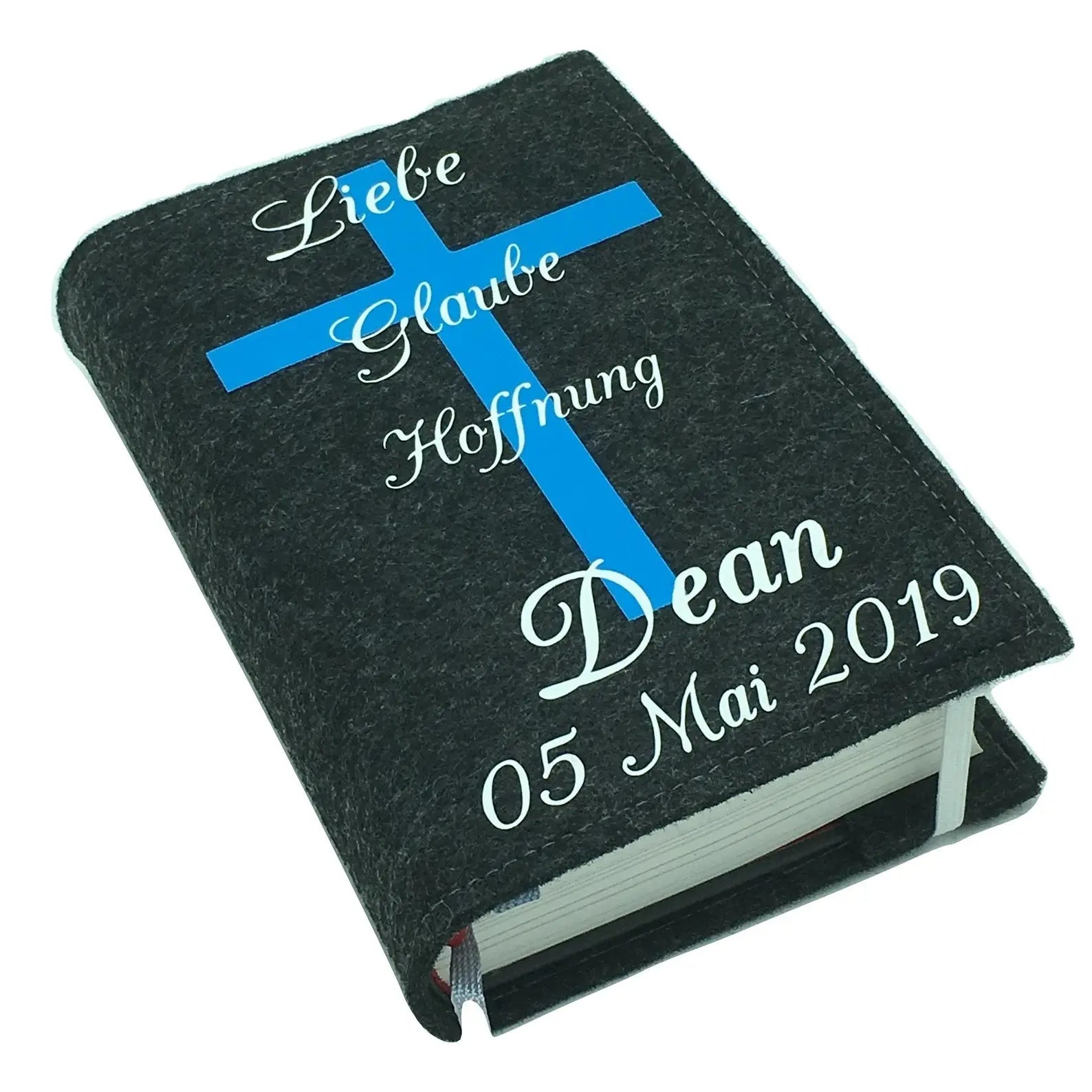 Gotteslobhülle mit Namen aus filz mit Kreuz Blau/weis Gesangbuch Fadensalat-shop
