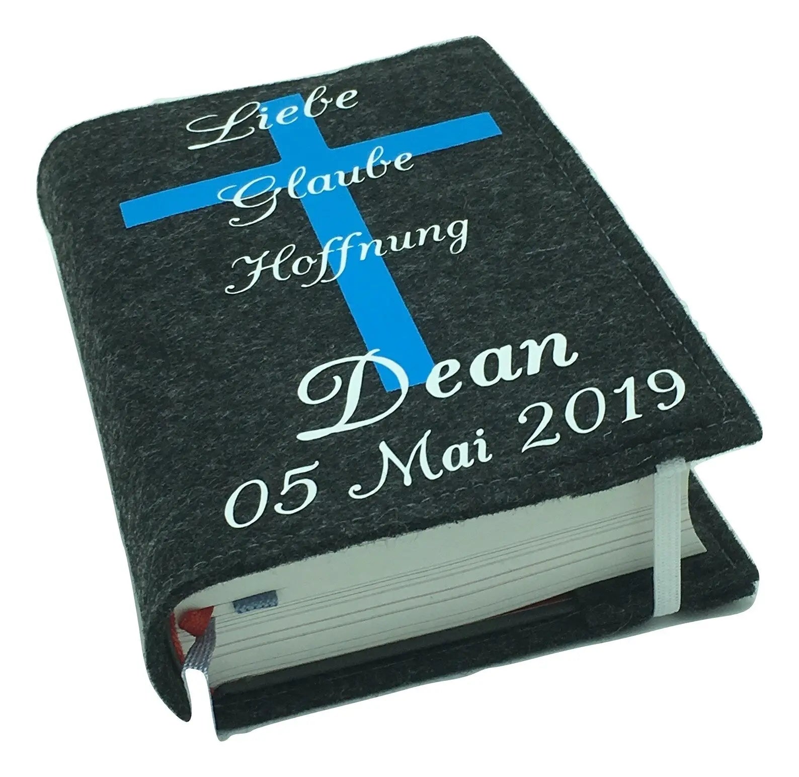 Gotteslobhülle mit Namen aus filz mit Kreuz Blau/weis Gesangbuch Fadensalat-shop