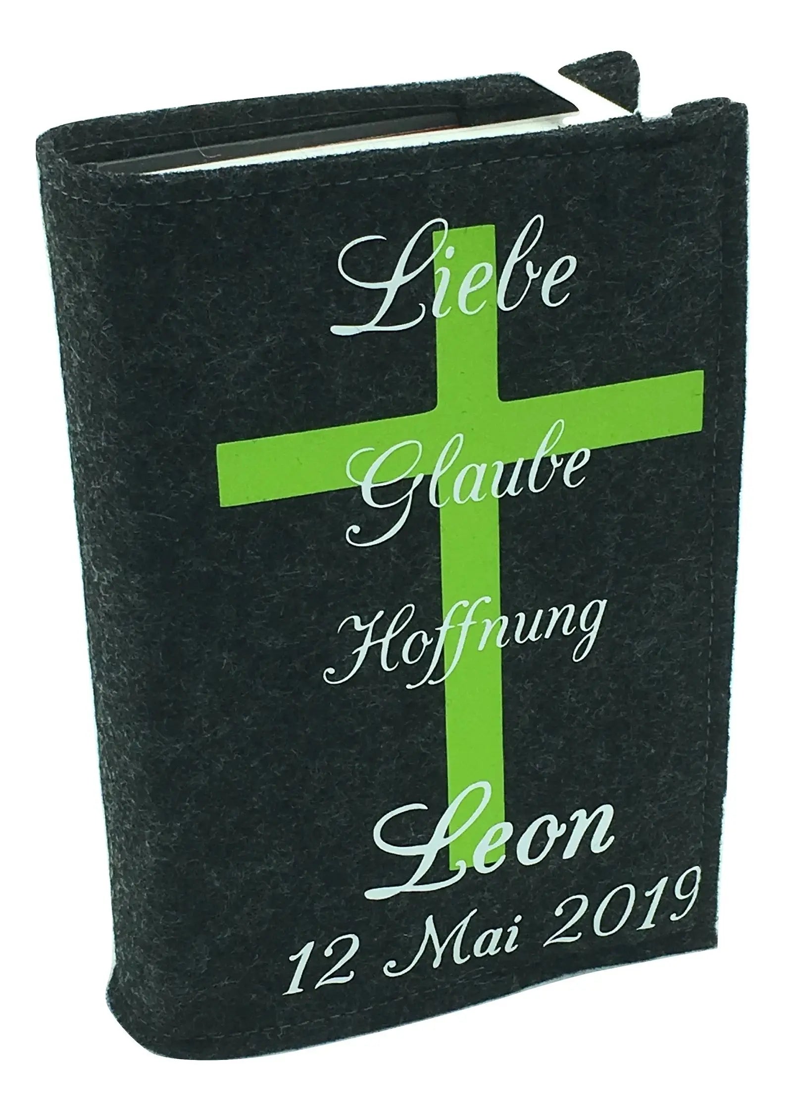 Gotteslobhülle mit Namen aus filz mit Kreuz Grün/weis Gesangbuch Fadensalat-shop