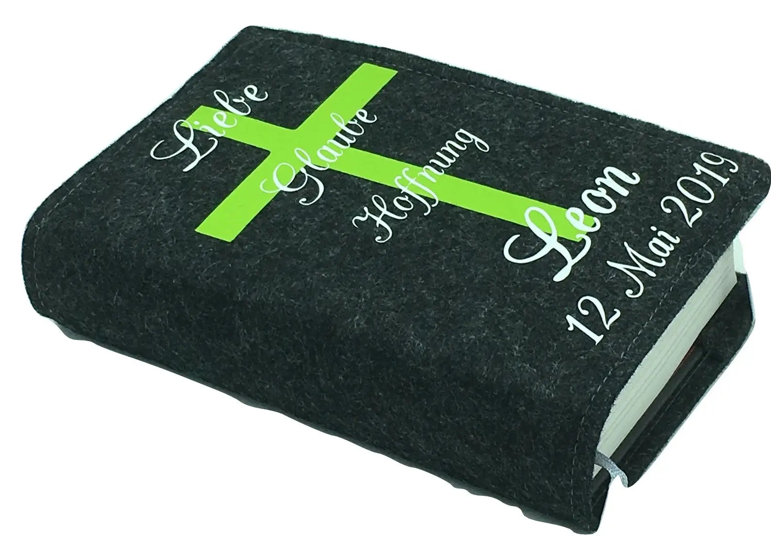 Gotteslobhülle mit Namen aus filz mit Kreuz Grün/weis Gesangbuch Fadensalat-shop