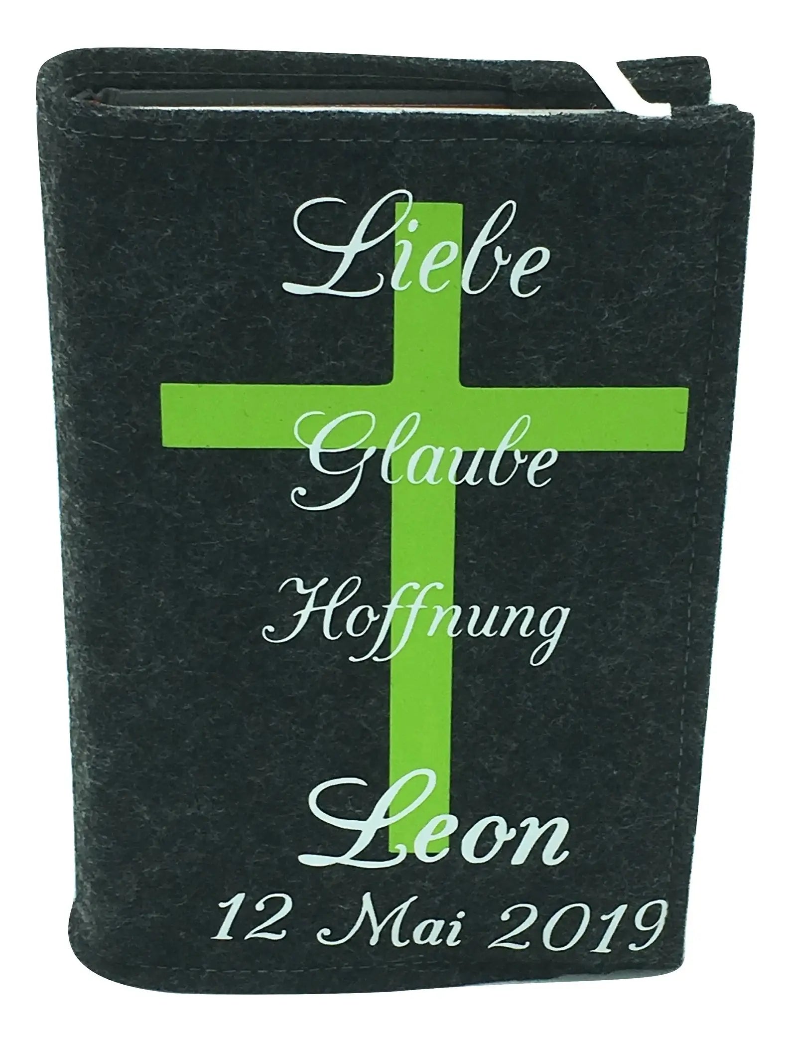 Gotteslobhülle mit Namen aus filz mit Kreuz Grün/weis Gesangbuch Fadensalat-shop