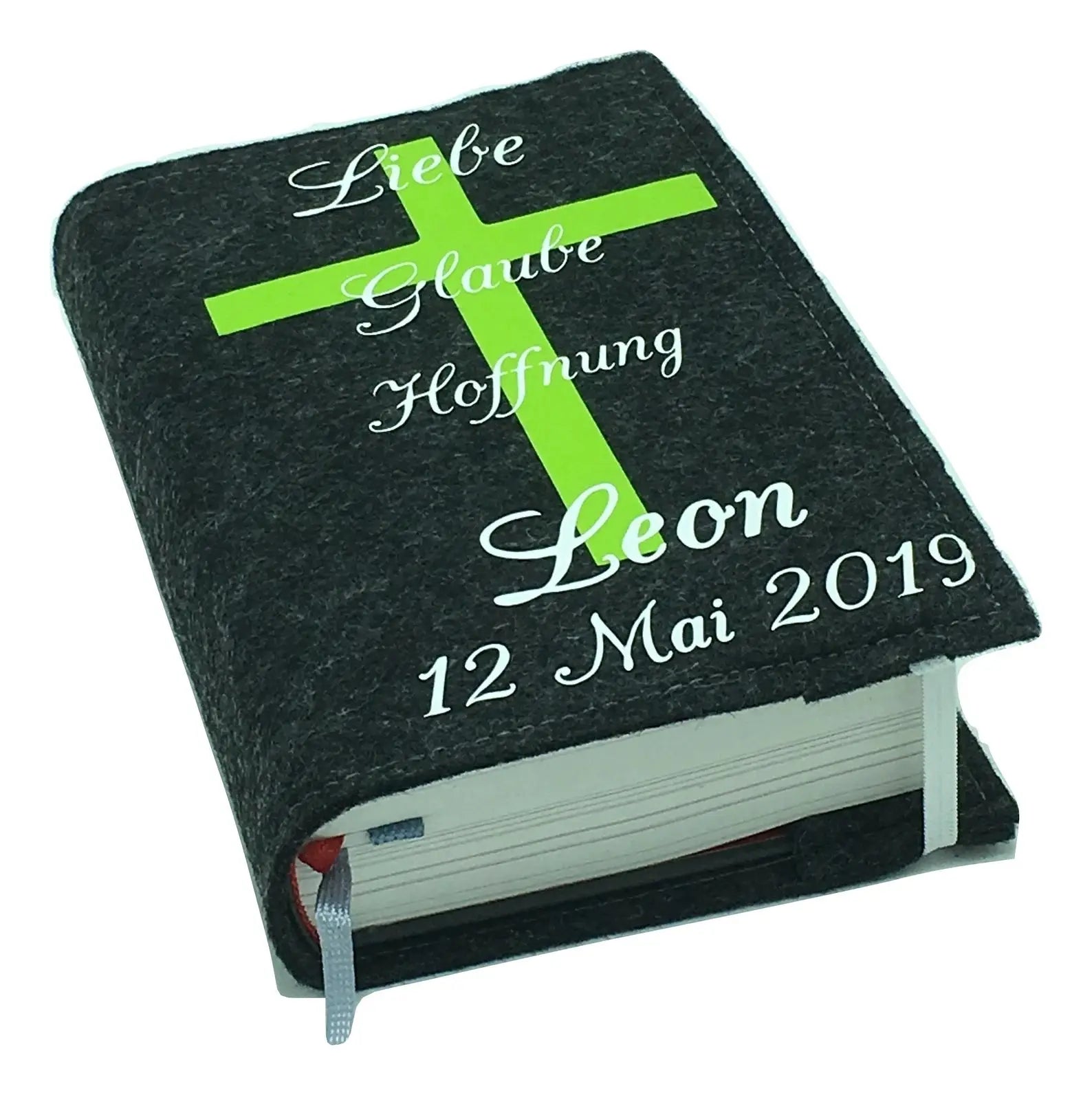 Gotteslobhülle mit Namen aus filz mit Kreuz Grün/weis Gesangbuch Fadensalat-shop