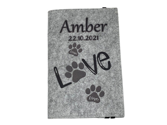 Heimtierausweis Hülle filz personalisiert Impfpass Hund Katze mit Namen Love schwarz Hell 