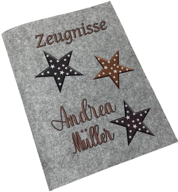 Zeugnismappe mit Namen aus Filz (A4) incl.zeugniss Hefter dokumentenmappe zeugniss mappe personalisiert sterne braun Hell