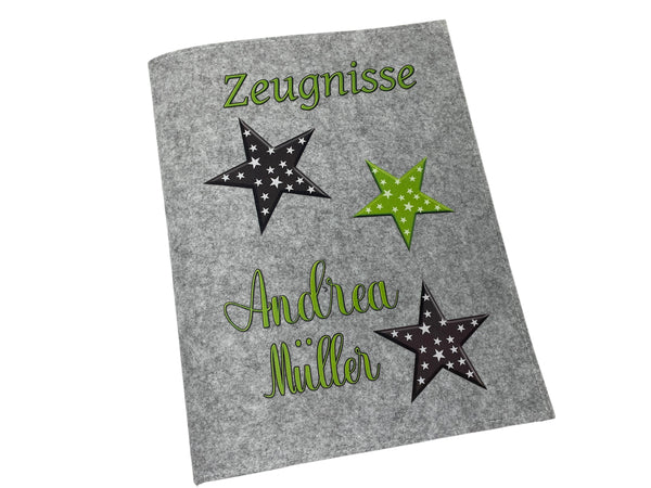 Zeugnismappe mit Namen aus Filz (A4) incl.zeugniss Hefter dokumentenmappe zeugniss mappe personalisiert sterne Grün Hell