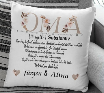 Oma Kissen personalisiert mit floraler OMA-Schrift und Definition