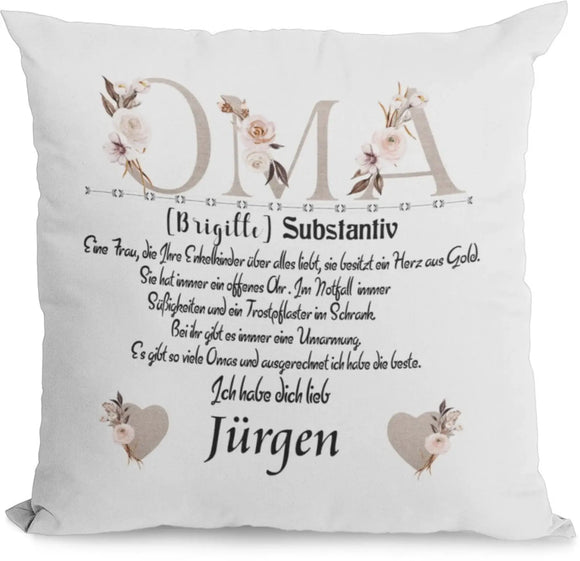 Weißes Kissen „Oma (Name) Substantiv“ mit eleganter Typografie