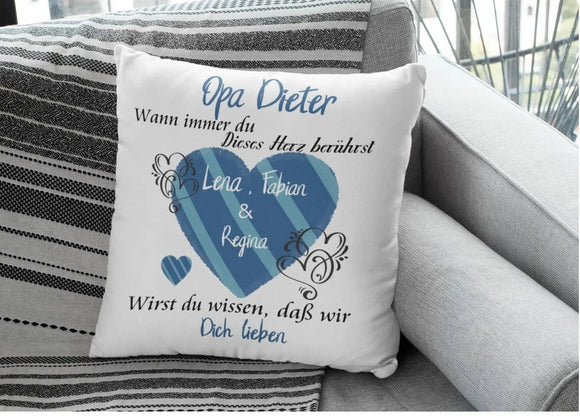 Kissen Opa geschenk mit Namen Herzberührt Individuell personalisiert einzahl mehrzahl enkelnamen dekokissen Fadensalat-shop
