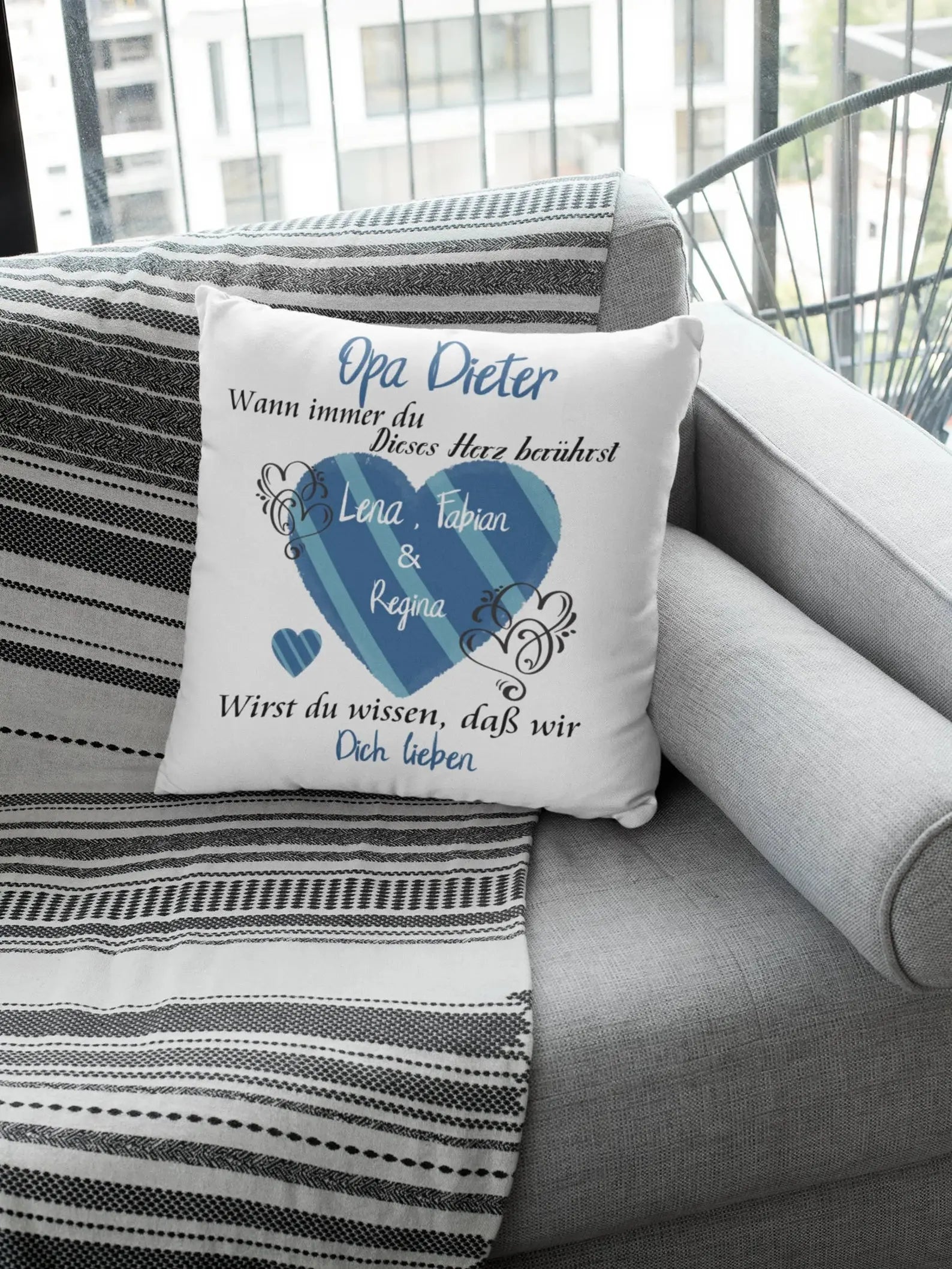 Kissen Opa geschenk mit Namen Herzberührt Individuell personalisiert einzahl mehrzahl enkelnamen dekokissen Fadensalat-shop