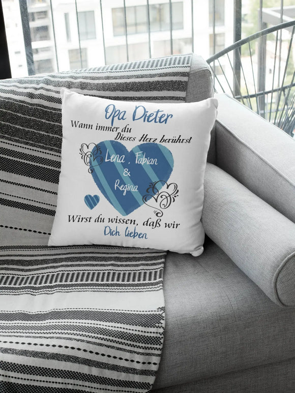 Kissen Opa geschenk mit Namen Herzberührt Individuell personalisiert einzahl mehrzahl enkelnamen dekokissen Fadensalat-shop