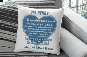 Opa Kissen personalisiert mit blauem Herz und Enkelnamen