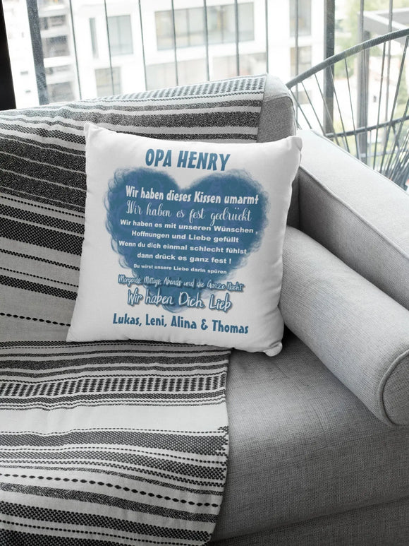 Personalisiertes Sofakissen für Opa, Herzmotiv und Typografie