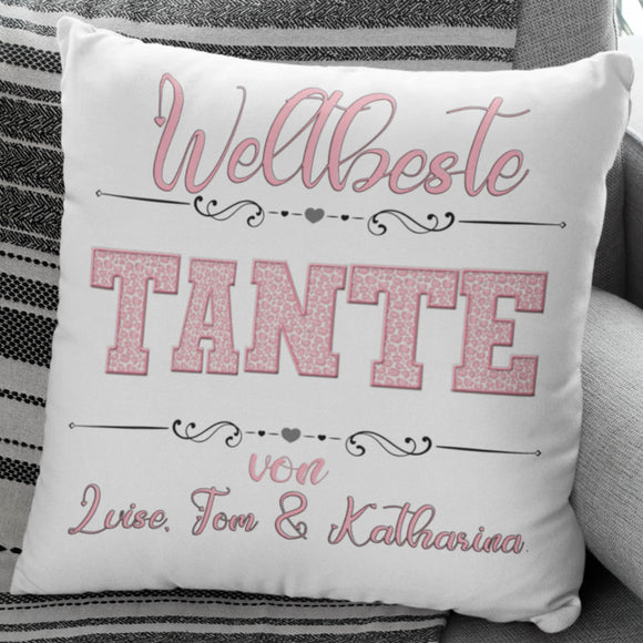 Tante Kissen personalisiert mit großer TANTE-Schrift und Verzierungen
