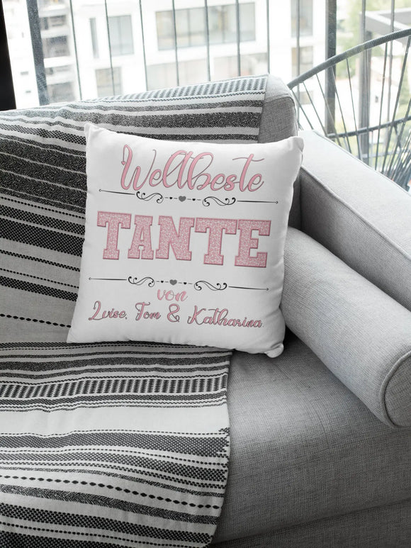Geschenk für Tante – weißes Kissen mit Namen und Widmung