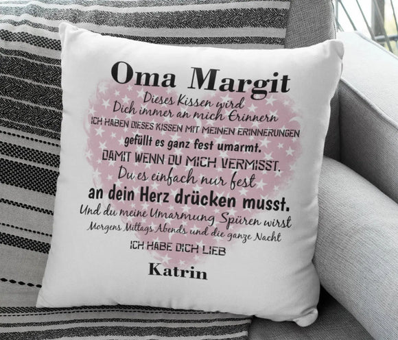 Geschenk für Oma – weißes Kissen mit Herzmotiv und Widmung