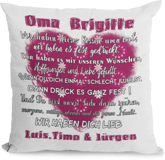 Weißes Kissen mit großem Herz, Oma-Name und Enkelnamen