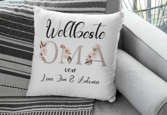 Weltbeste Oma – personalisiertes Kissen mit Blumenbuchstaben und Namen