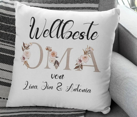 Geschenk für Oma – weißes Kissen mit Blumen-OMA und Widmung
