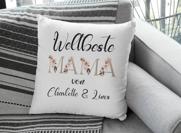 Elegantes Geschenk für Mama – weißes Kissen mit floraler Typografie