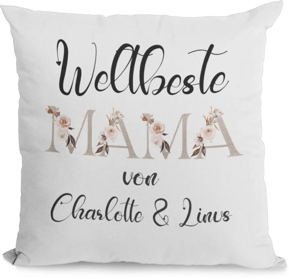 Kissen mit Aufschrift „Weltbeste Mama“ und personalisierten Namen