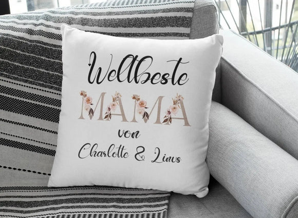 Dekokissen für Mama mit Blüten-Details und moderner Schrift