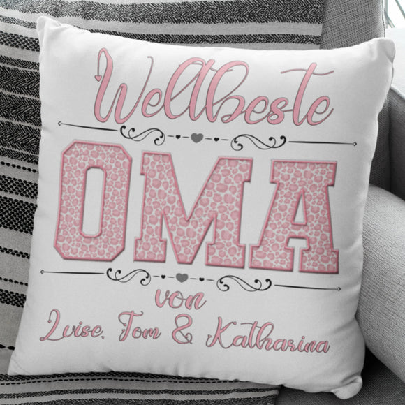 Oma Kissen personalisiert mit großer OMA-Schrift und Verzierungen