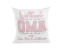 Dekokissen für Oma in Rosa, moderne Typografie und Herzornamente