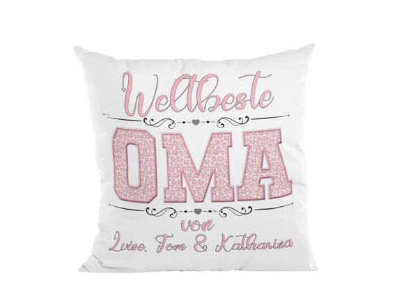 Dekokissen für Oma in Rosa, moderne Typografie und Herzornamente