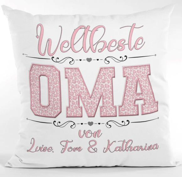Rosa Musterbuchstaben auf weißem Kissen, individuelle Namen